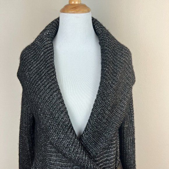 Cache Cardigan Sweater Medium Black Silver Metallic Knit Belted Shawl Collar New - Picture 2 of 14
